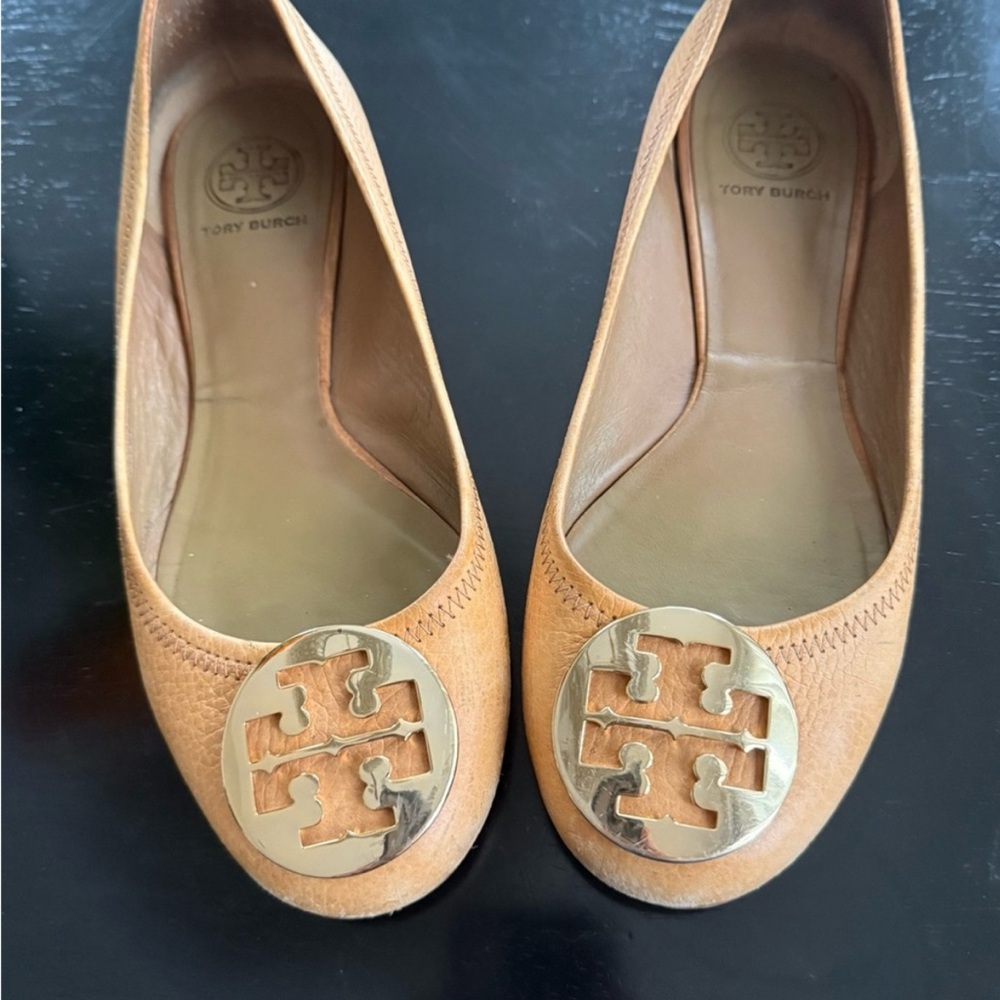 Tory Burch Tan Ballet Flats with Gold Logo
